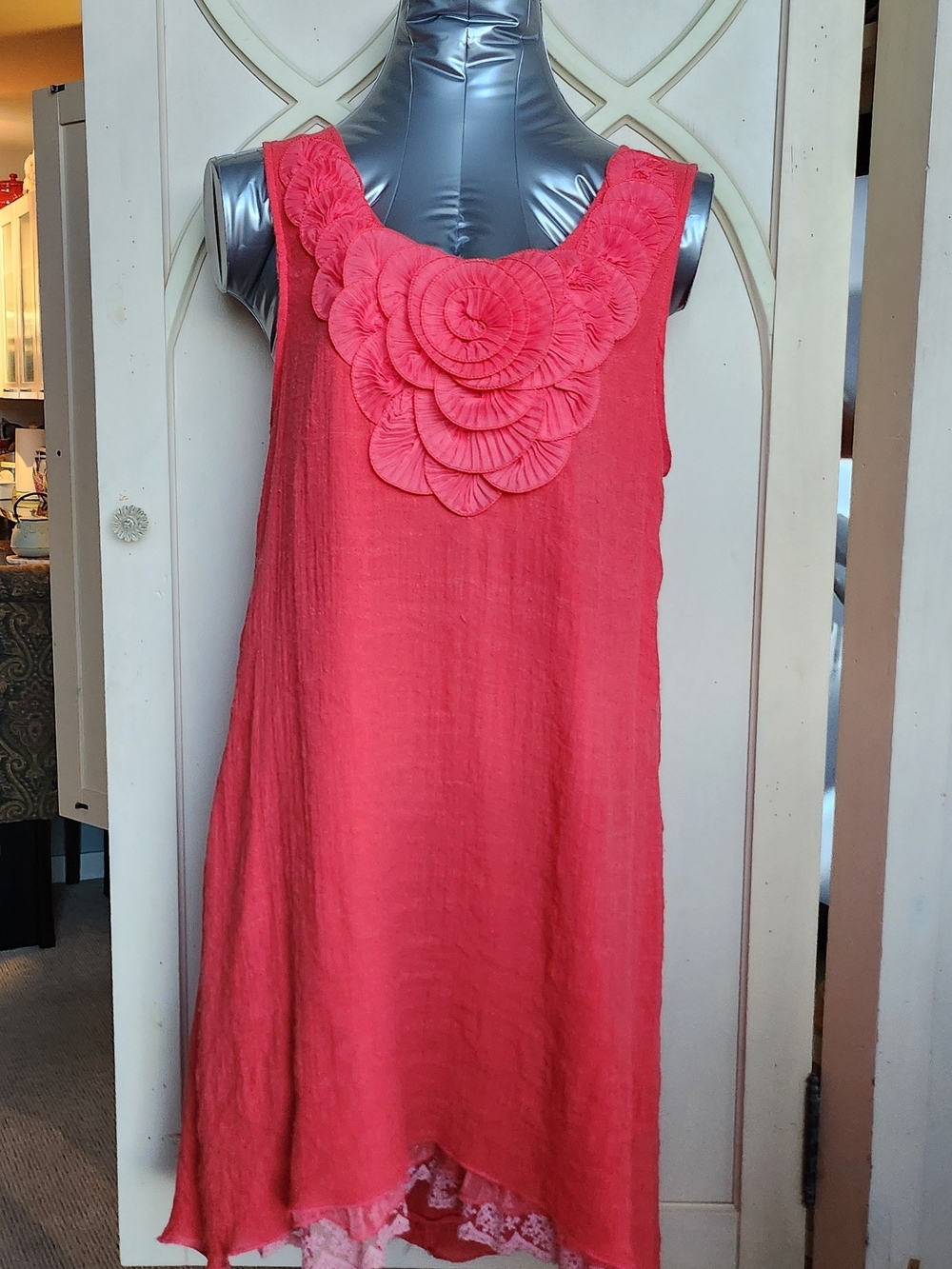 Papillon Blanc Coral Pink Linen Sleeveless Dress with Rosette Neckline